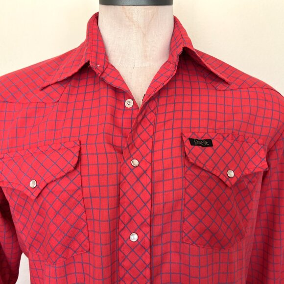 80's Western Wear Shirt - Snap Pearl Buttons Montgomery Wards - Red & Blue Check - Picture 3 of 9